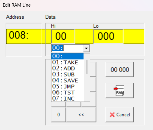 Menu dell’editor RAM con codici 01 TAKE, 02 ADD, 03 SUB, 04 SAVE, 05 JMP, 06 TST e 07 INC